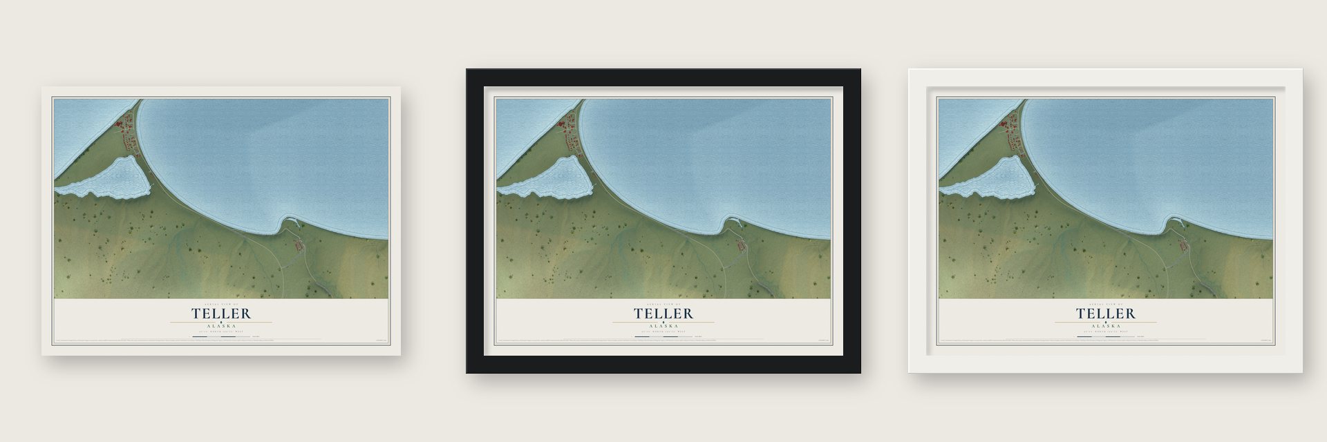 Teller, Alaska map unframed, in a black wood frame and in a white wood frame