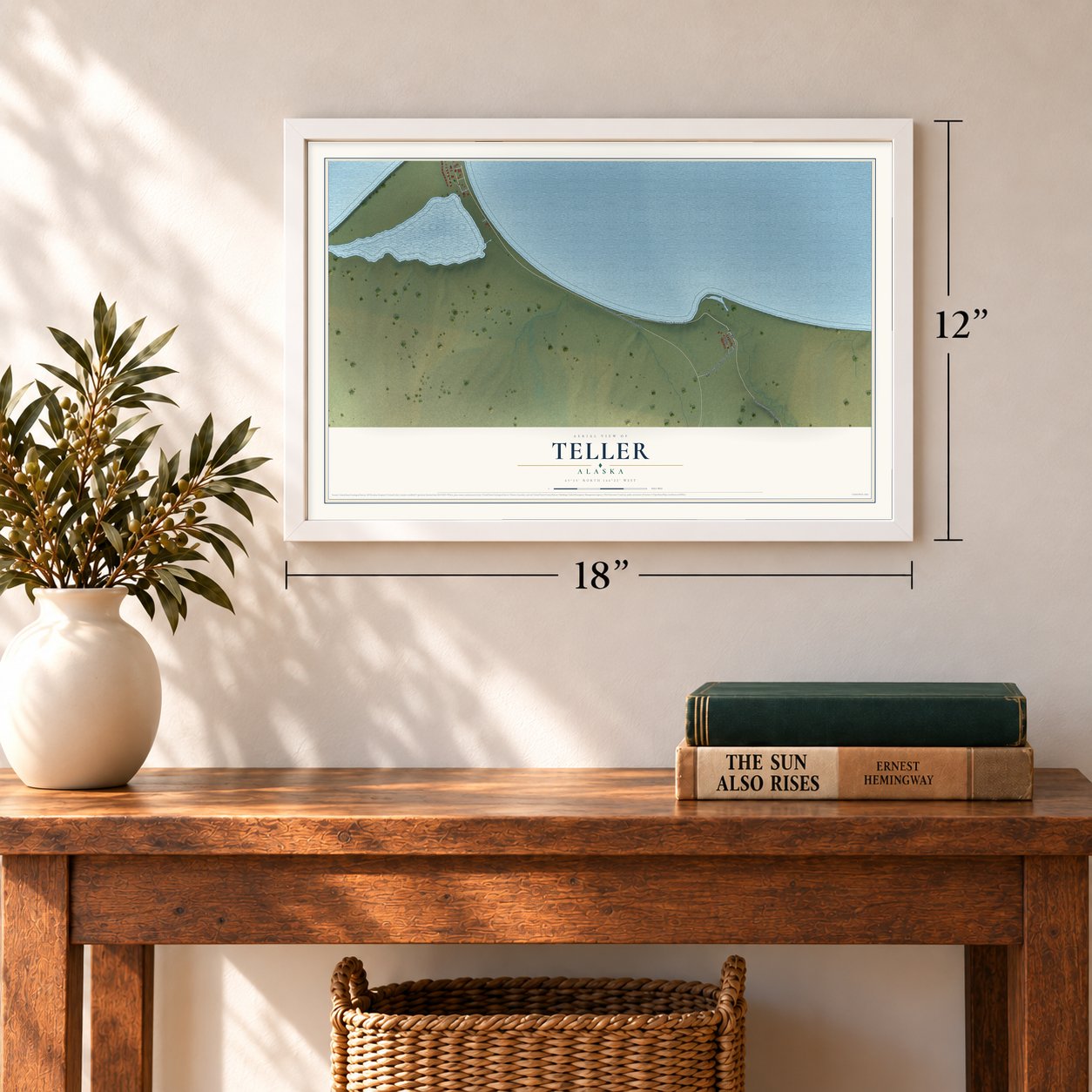 Teller, Alaska map, 12 x 18 inch print in a white frame in an entryway