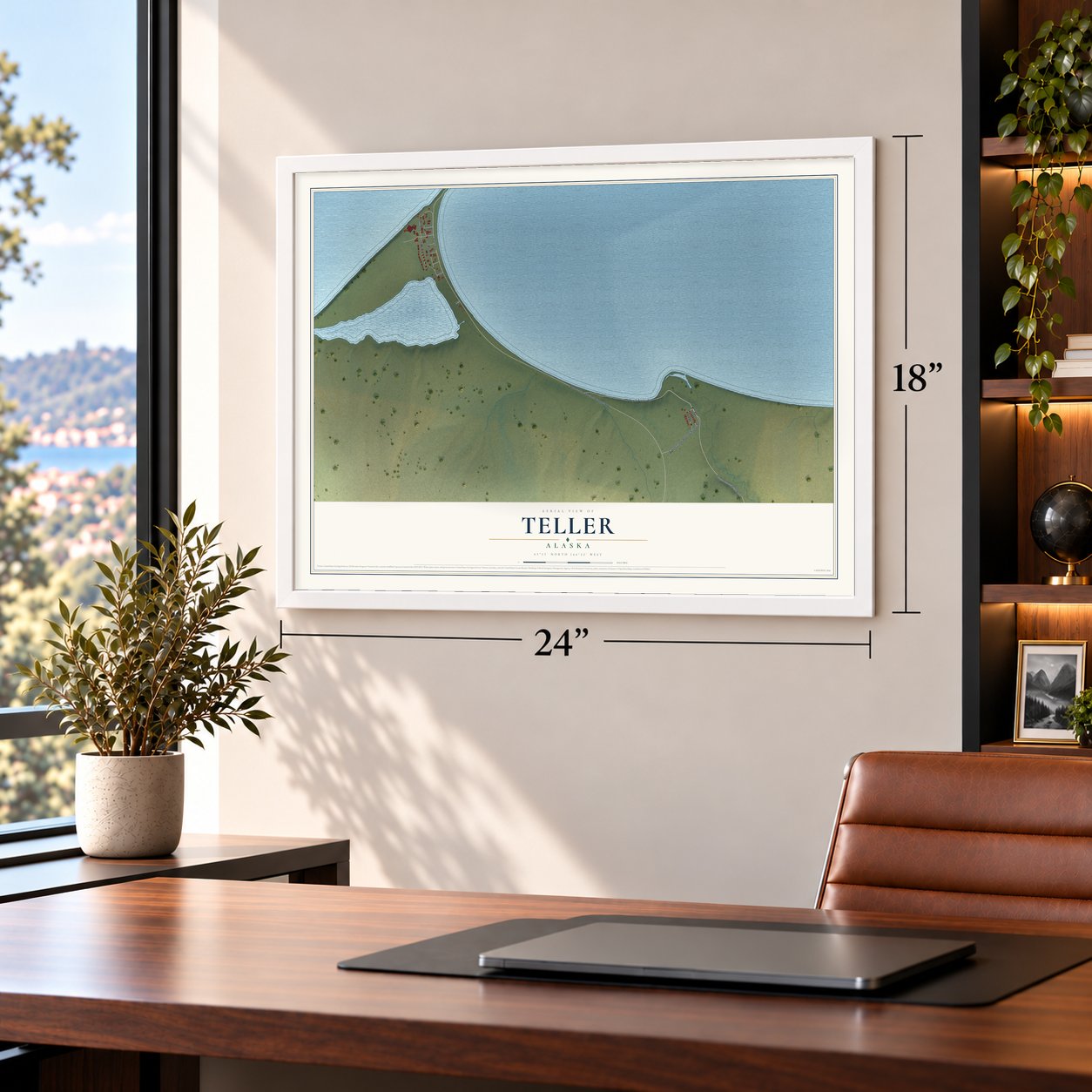Teller, Alaska map, 18 x 24 inch print in a white frame in a home office