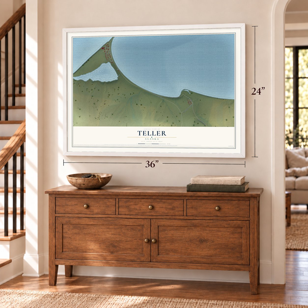 Teller, Alaska map, 24 x 36 inch print in a white frame above a dresser by a staircase