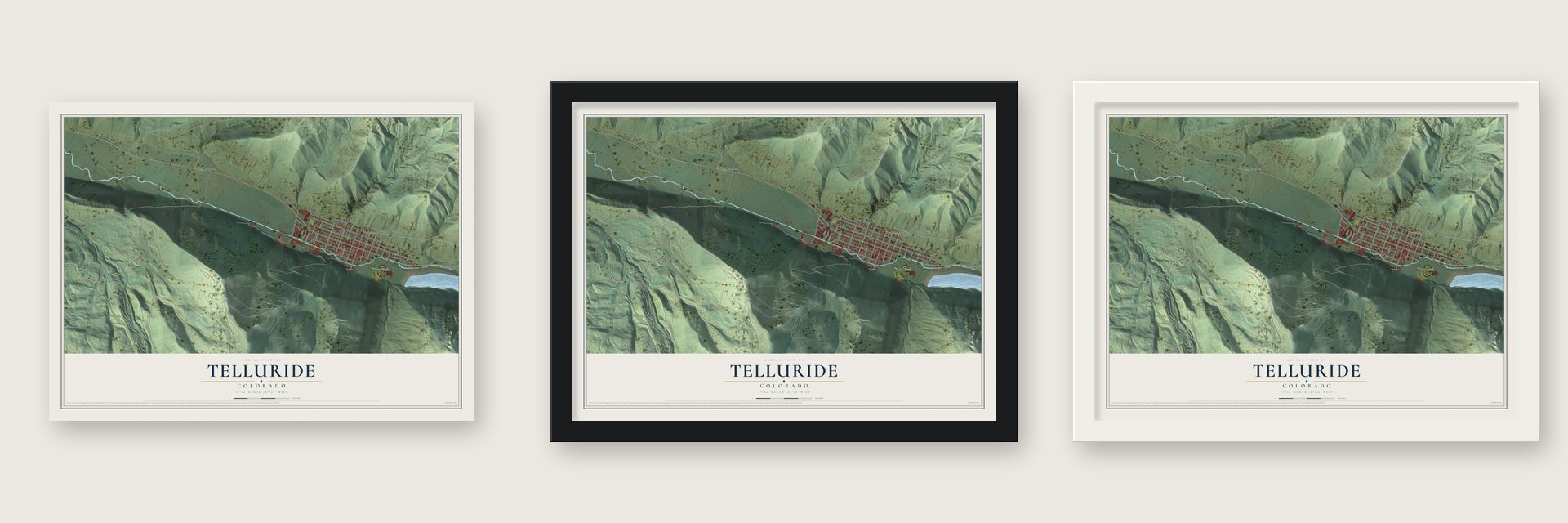 Telluride, Colorado map unframed, in a black wood frame and in a white wood frame