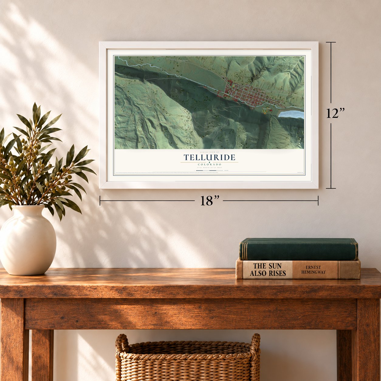 Telluride, Colorado map, 12 x 18 inch print in a white frame in an entryway