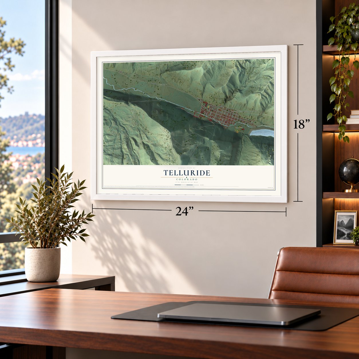 Telluride, Colorado map, 18 x 24 inch print in a white frame in a home office