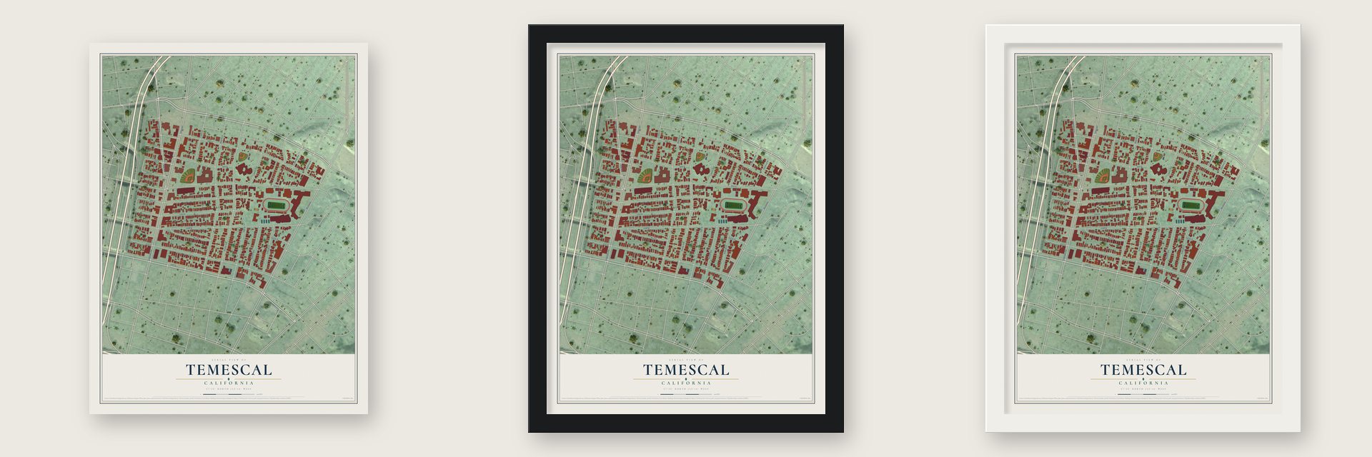 Temescal, California map unframed, in a black wood frame and in a white wood frame