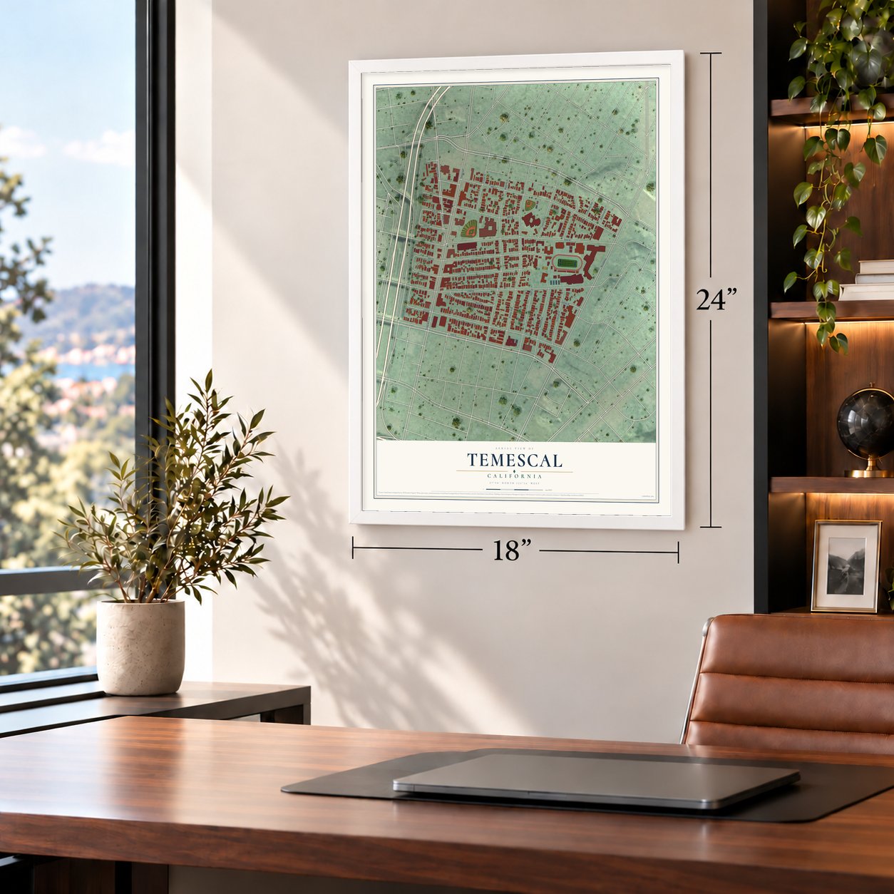 Temescal, California map, 18 x 24 inch print in a white frame in a home office