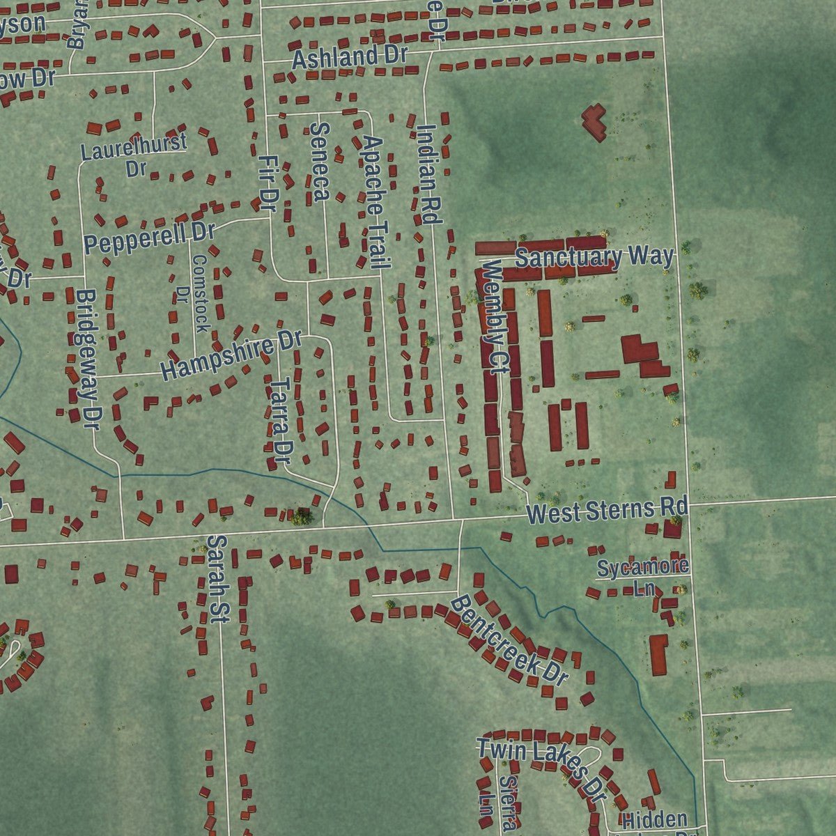 Second close-up of the map of Temperance, Michigan print showing more streets and buildings