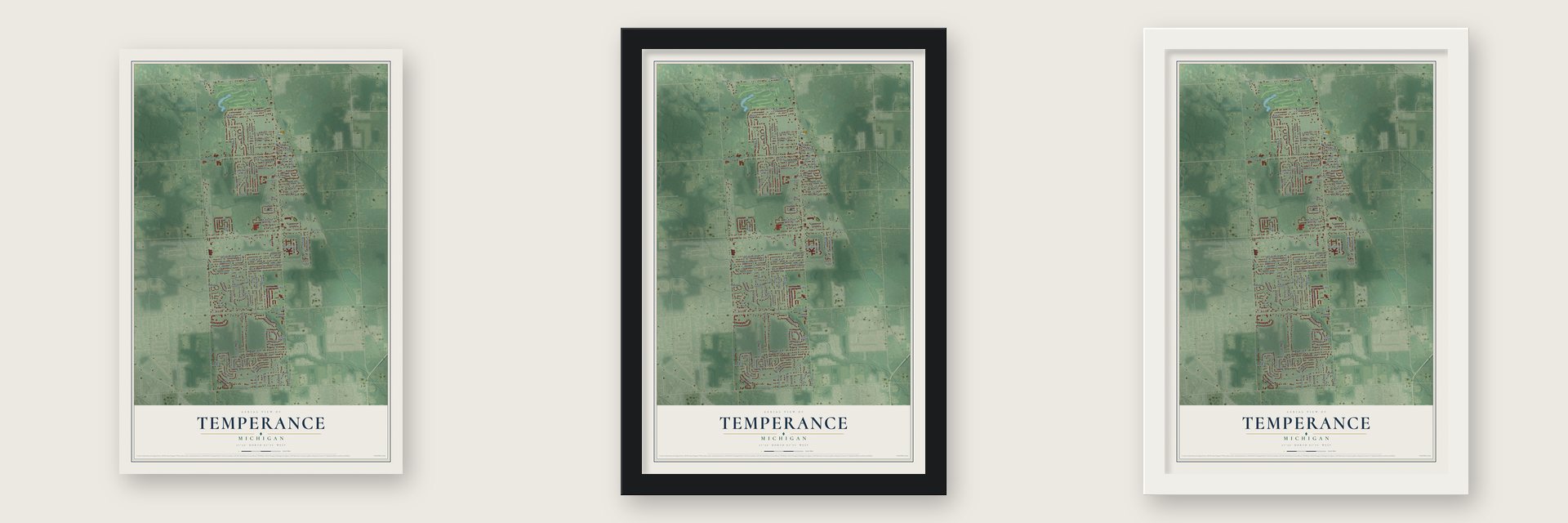 Temperance, Michigan map unframed, in a black wood frame and in a white wood frame