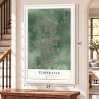Temperance, Michigan map, 24 x 36 inch print in a white frame by a staircase