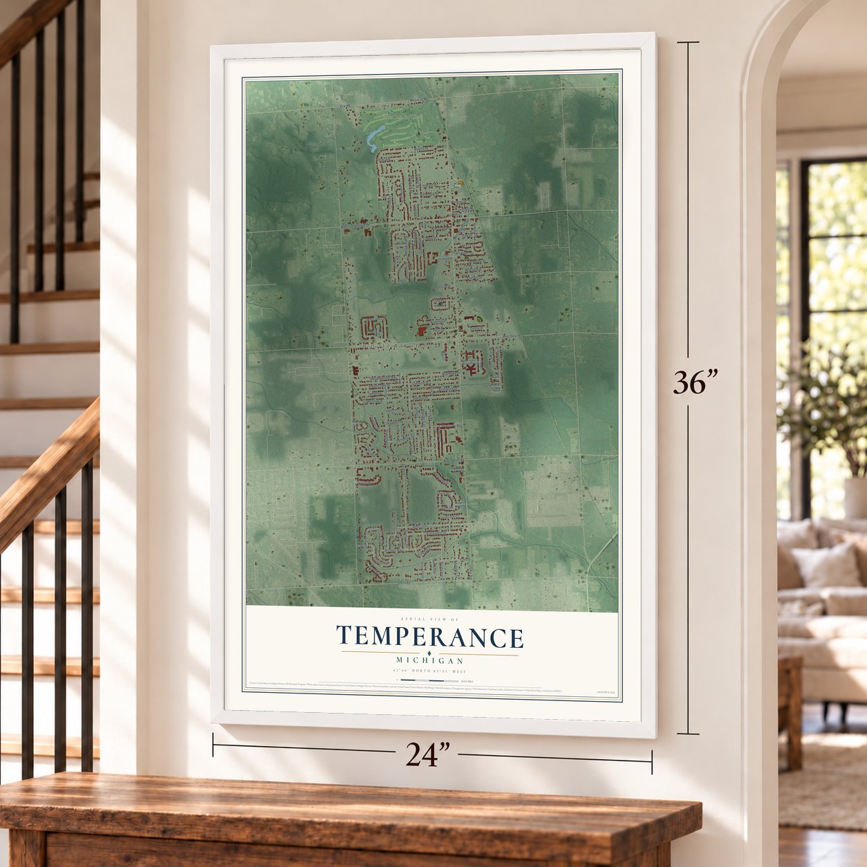 Temperance, Michigan map, 24 x 36 inch print in a white frame by a staircase