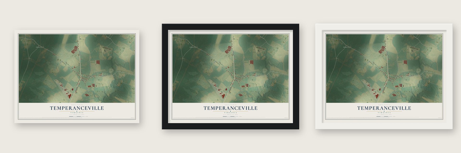 Temperanceville, Virginia map unframed, in a black wood frame and in a white wood frame