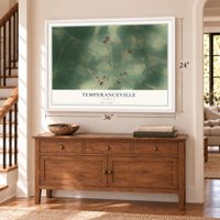 Temperanceville, Virginia map, 24 x 36 inch print in a white frame above a dresser by a staircase