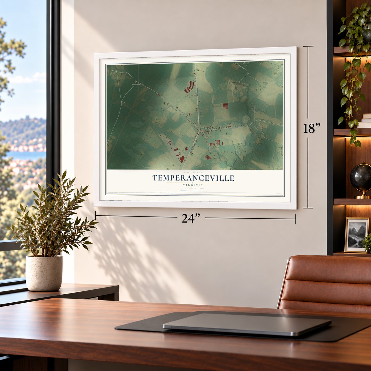 Temperanceville, Virginia map, 18 x 24 inch print in a white frame in a home office