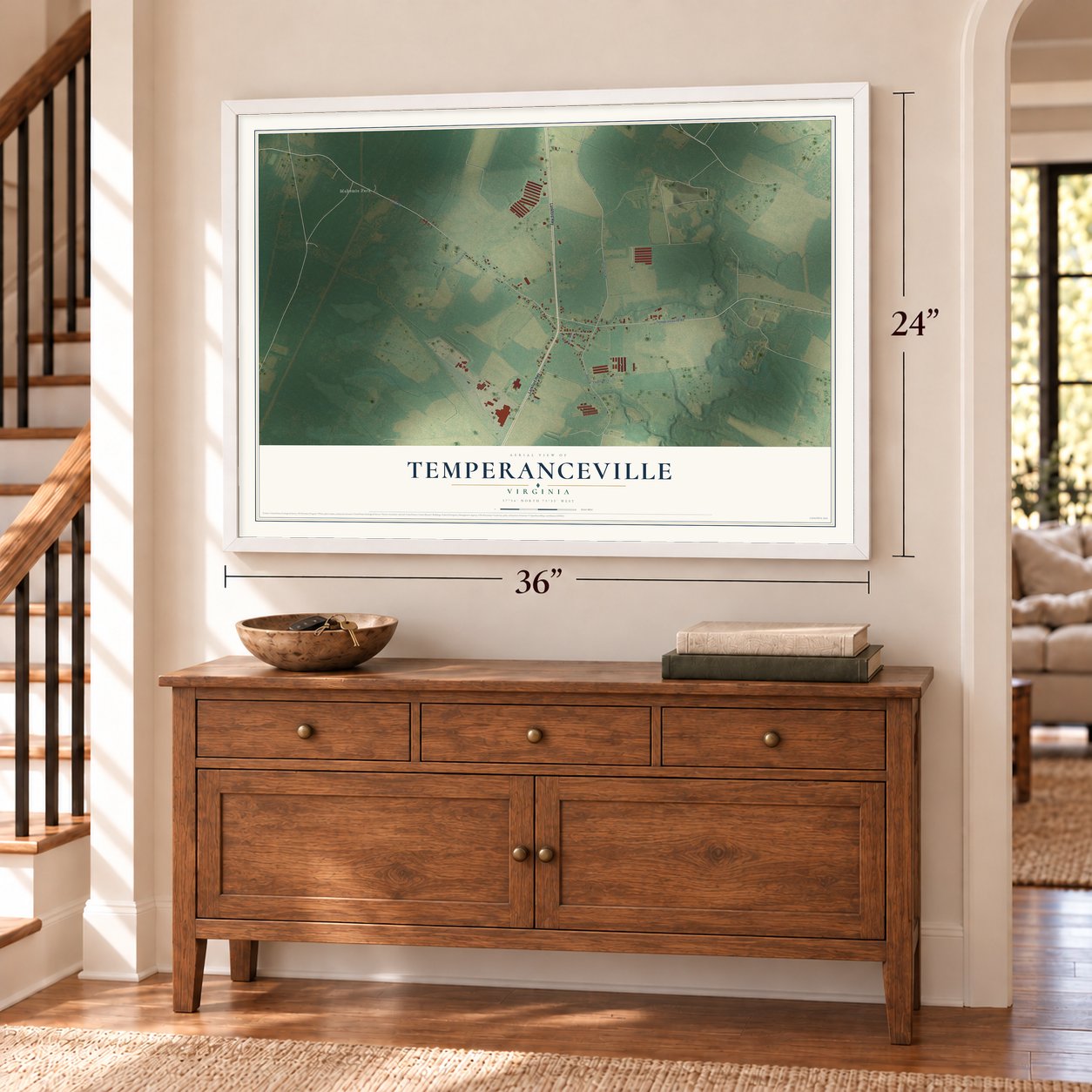 Temperanceville, Virginia map, 24 x 36 inch print in a white frame above a dresser by a staircase