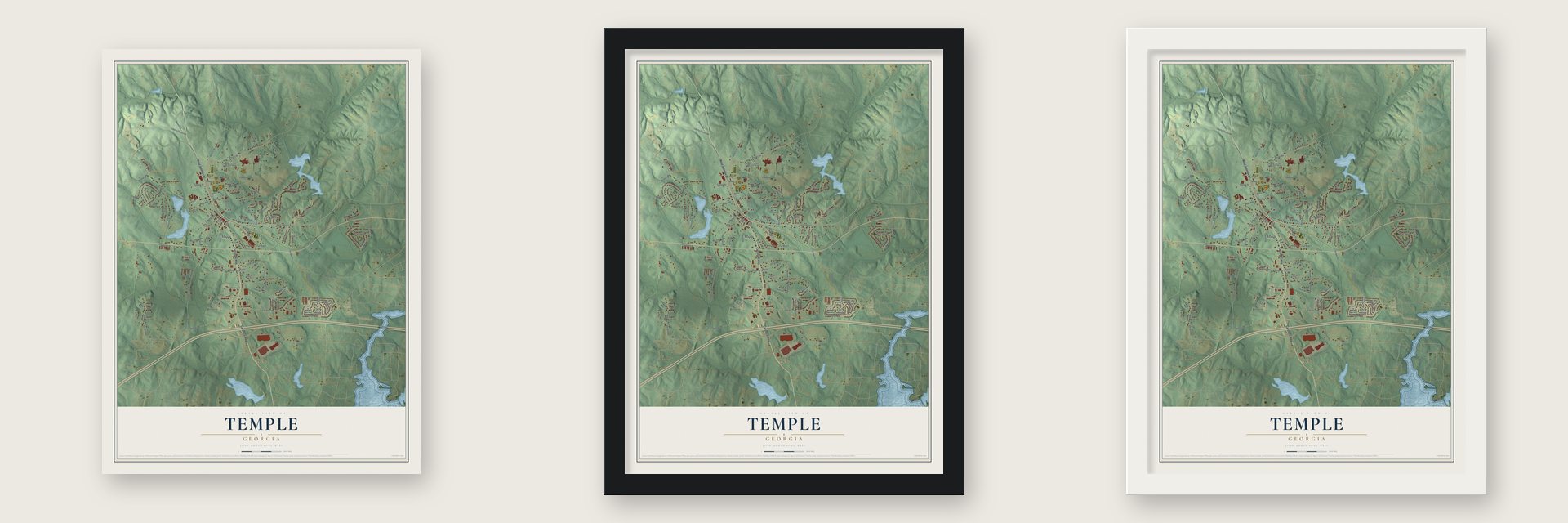 Temple, Georgia map unframed, in a black wood frame and in a white wood frame