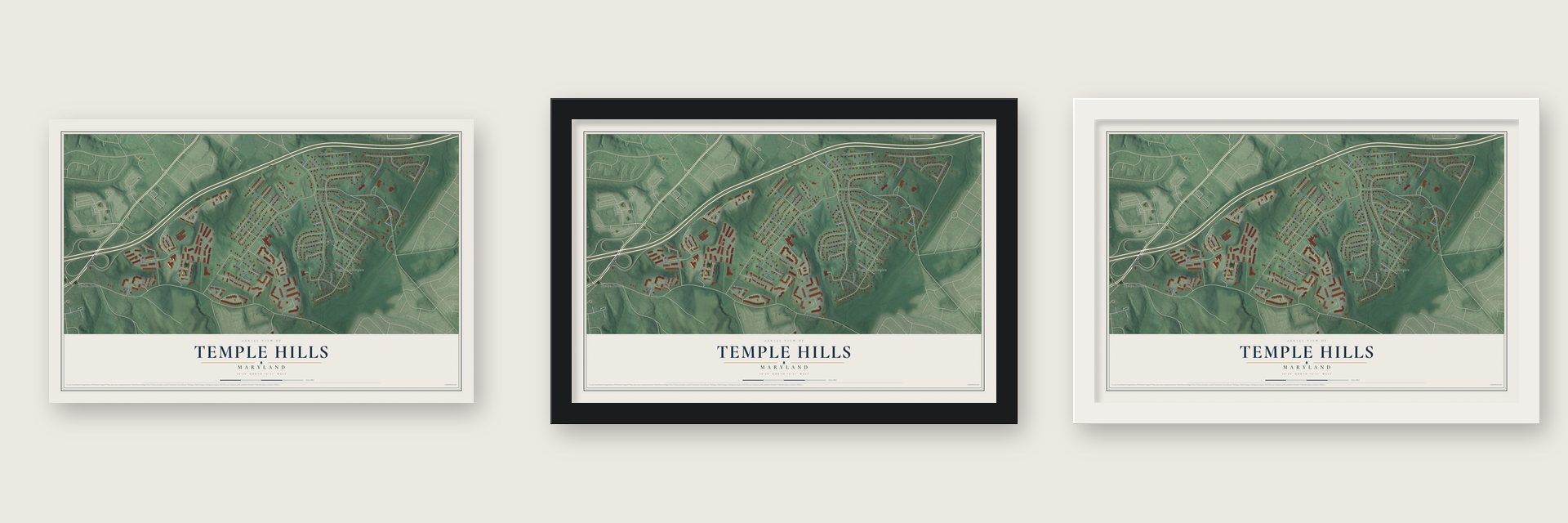 Temple Hills, Maryland map unframed, in a black wood frame and in a white wood frame