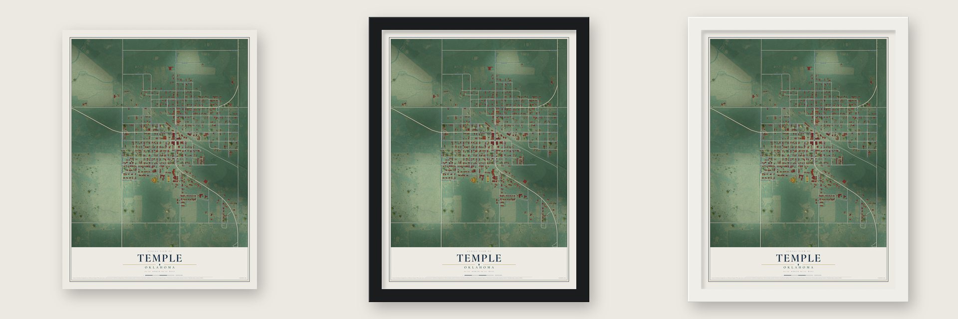 Temple, Oklahoma map unframed, in a black wood frame and in a white wood frame