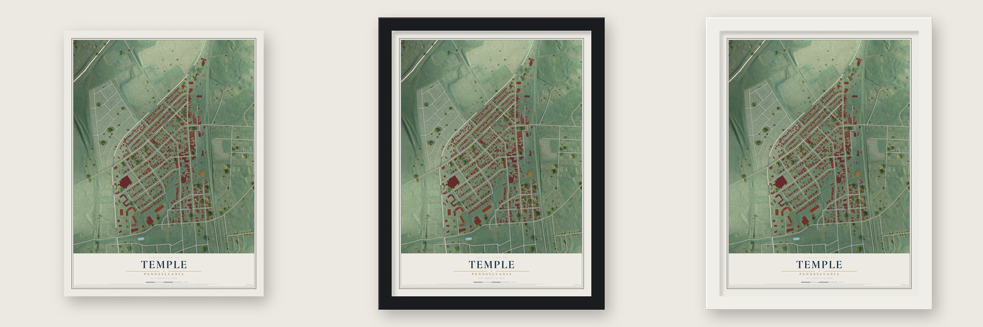 Temple, Pennsylvania map unframed, in a black wood frame and in a white wood frame