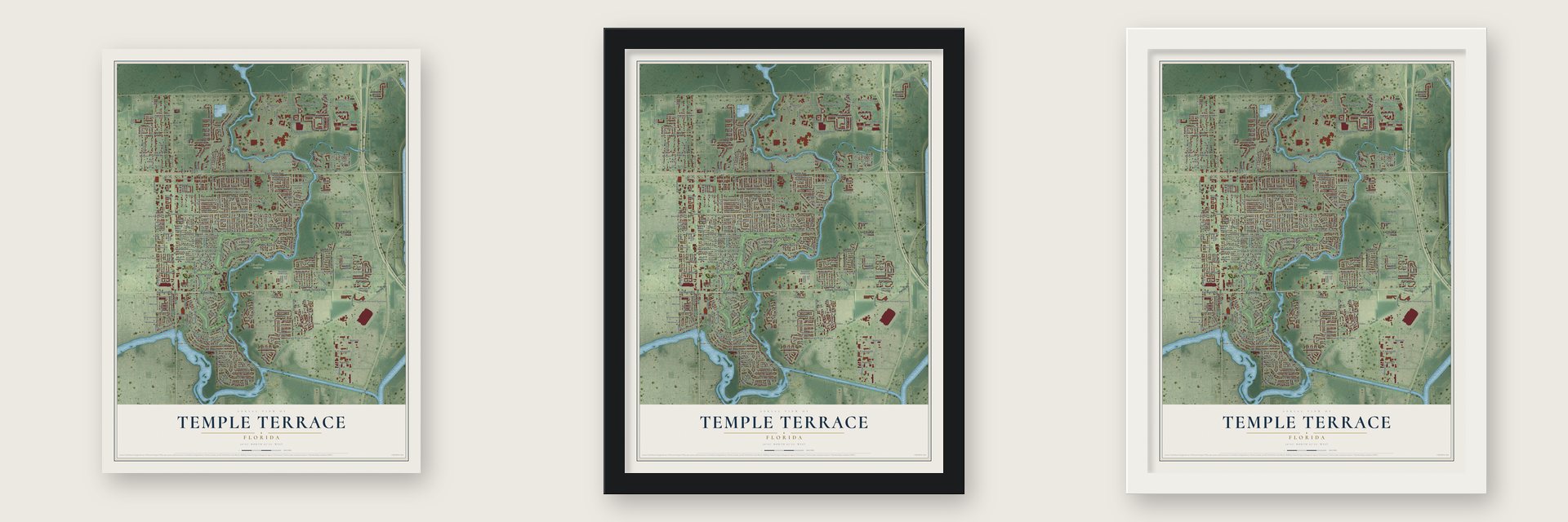 Temple Terrace, Florida map unframed, in a black wood frame and in a white wood frame