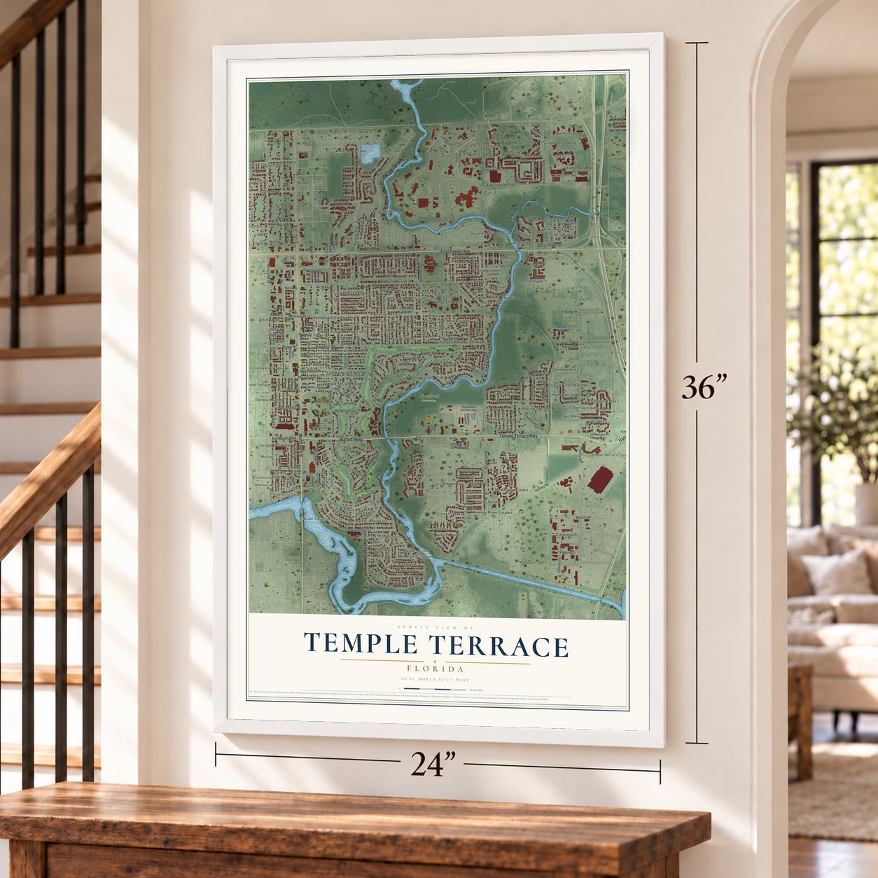 Temple Terrace, Florida map, 24 x 36 inch print in a white frame by a staircase