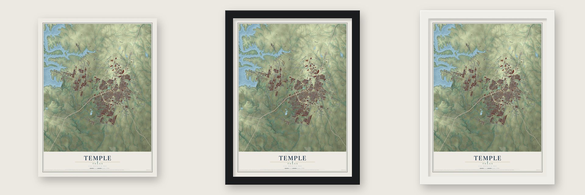 Temple, Texas map unframed, in a black wood frame and in a white wood frame