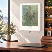 Temple, Texas map, 18 x 24 inch print in a white frame in a home office