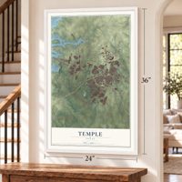 Temple, Texas map, 24 x 36 inch print in a white frame by a staircase
