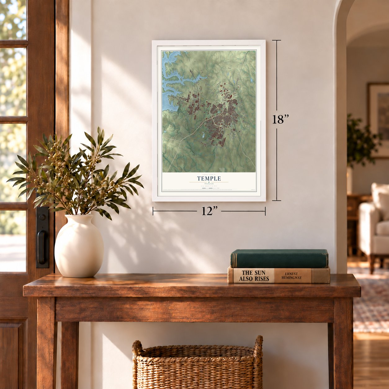 Temple, Texas map, 12 x 18 inch print in a white frame in an entryway