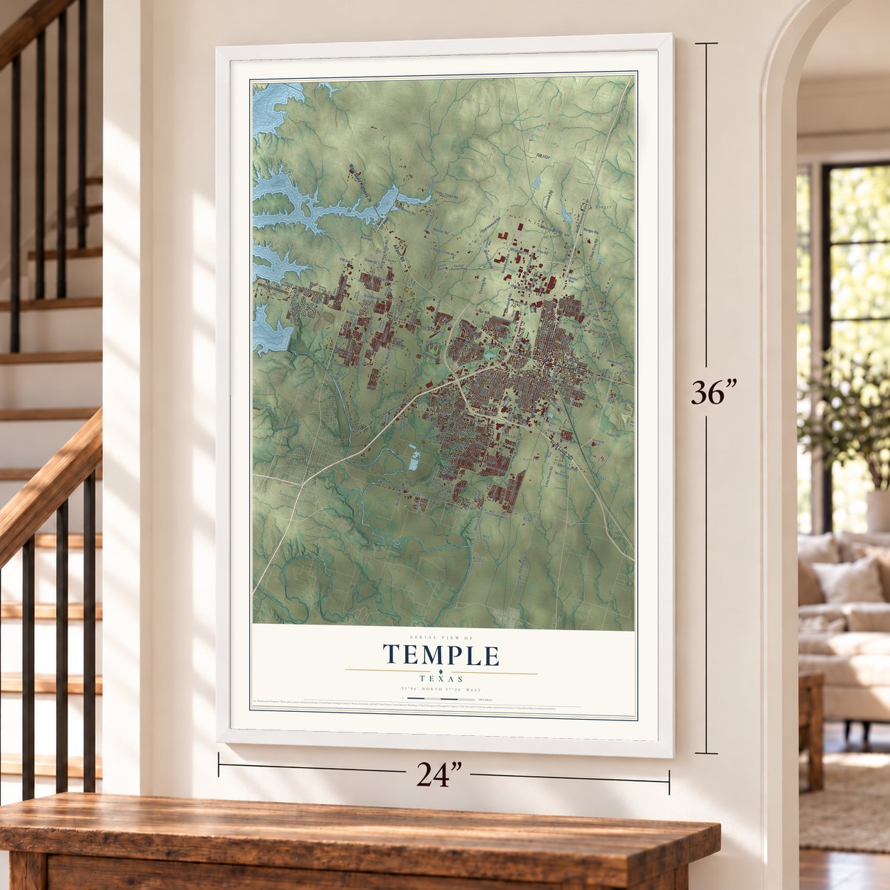 Temple, Texas map, 24 x 36 inch print in a white frame by a staircase