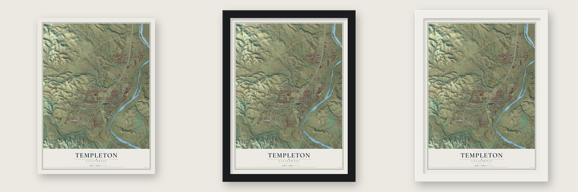Templeton, California map unframed, in a black wood frame and in a white wood frame