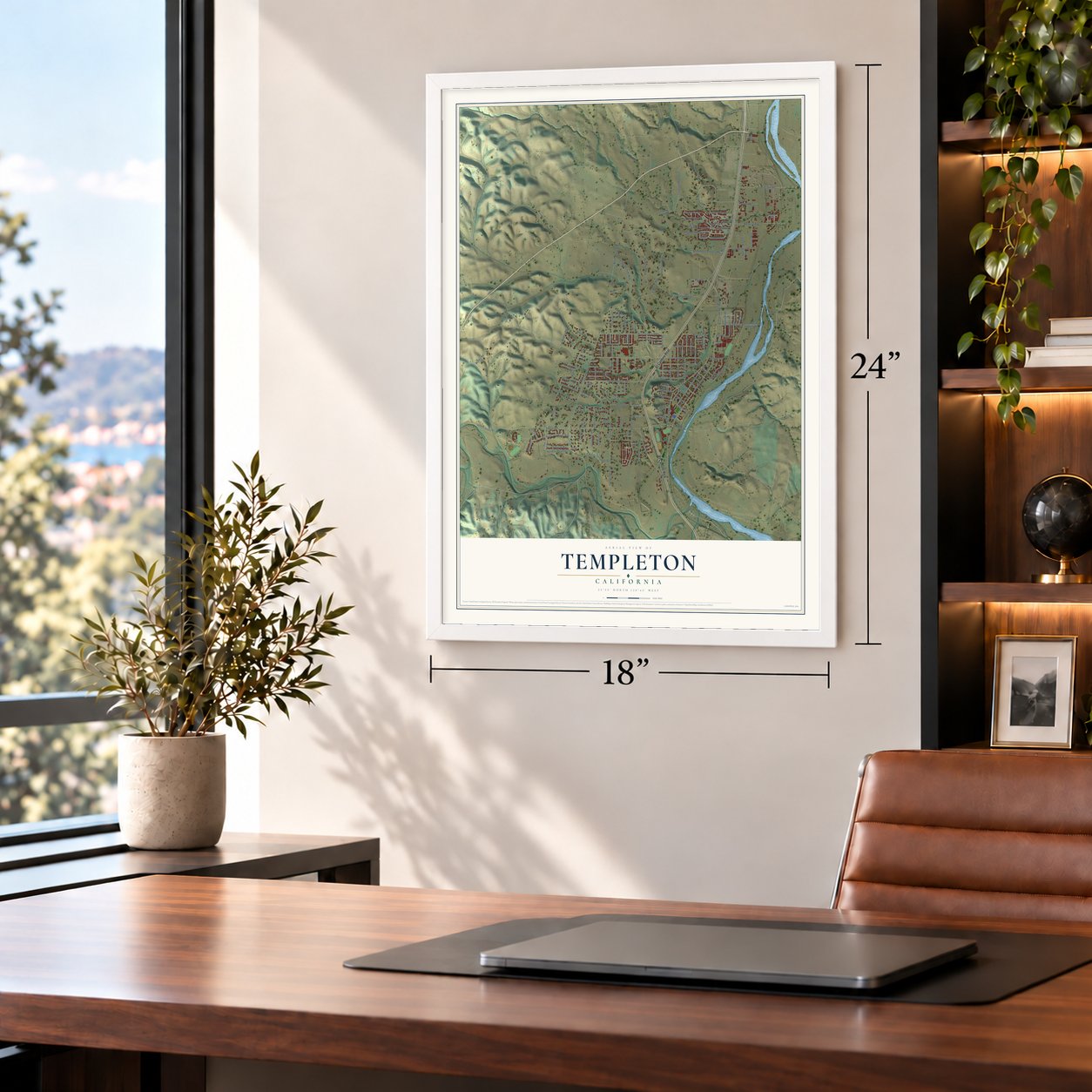 Templeton, California map, 18 x 24 inch print in a white frame in a home office
