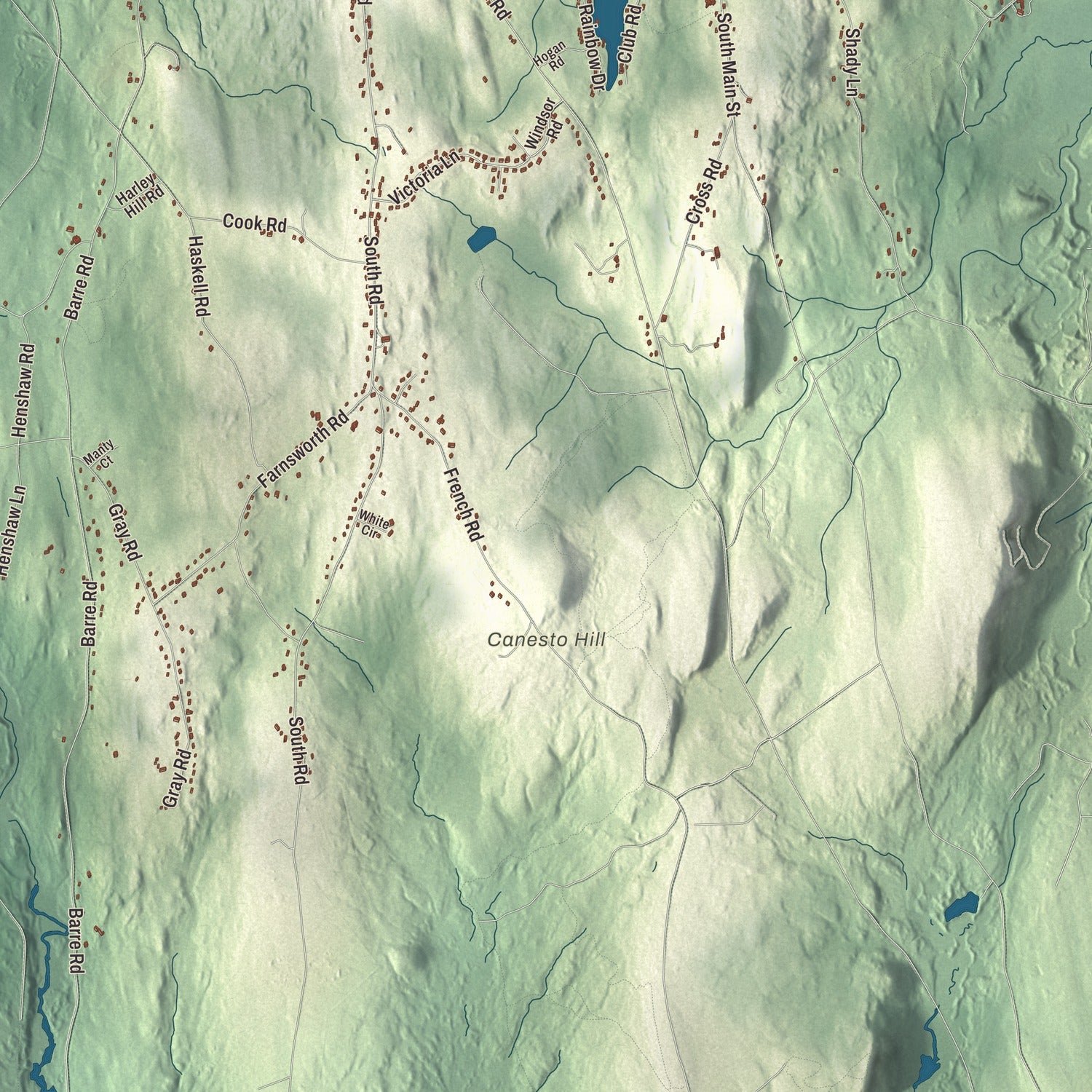 Close-up of the map of Templeton, Massachusetts print showing terrain and local geography