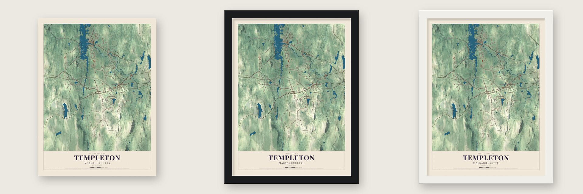 Templeton, Massachusetts map unframed, in a black wood frame and in a white wood frame