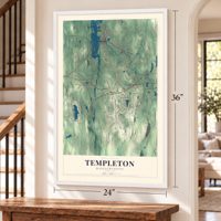 Templeton, Massachusetts map, 24 x 36 inch print in a white frame by a staircase