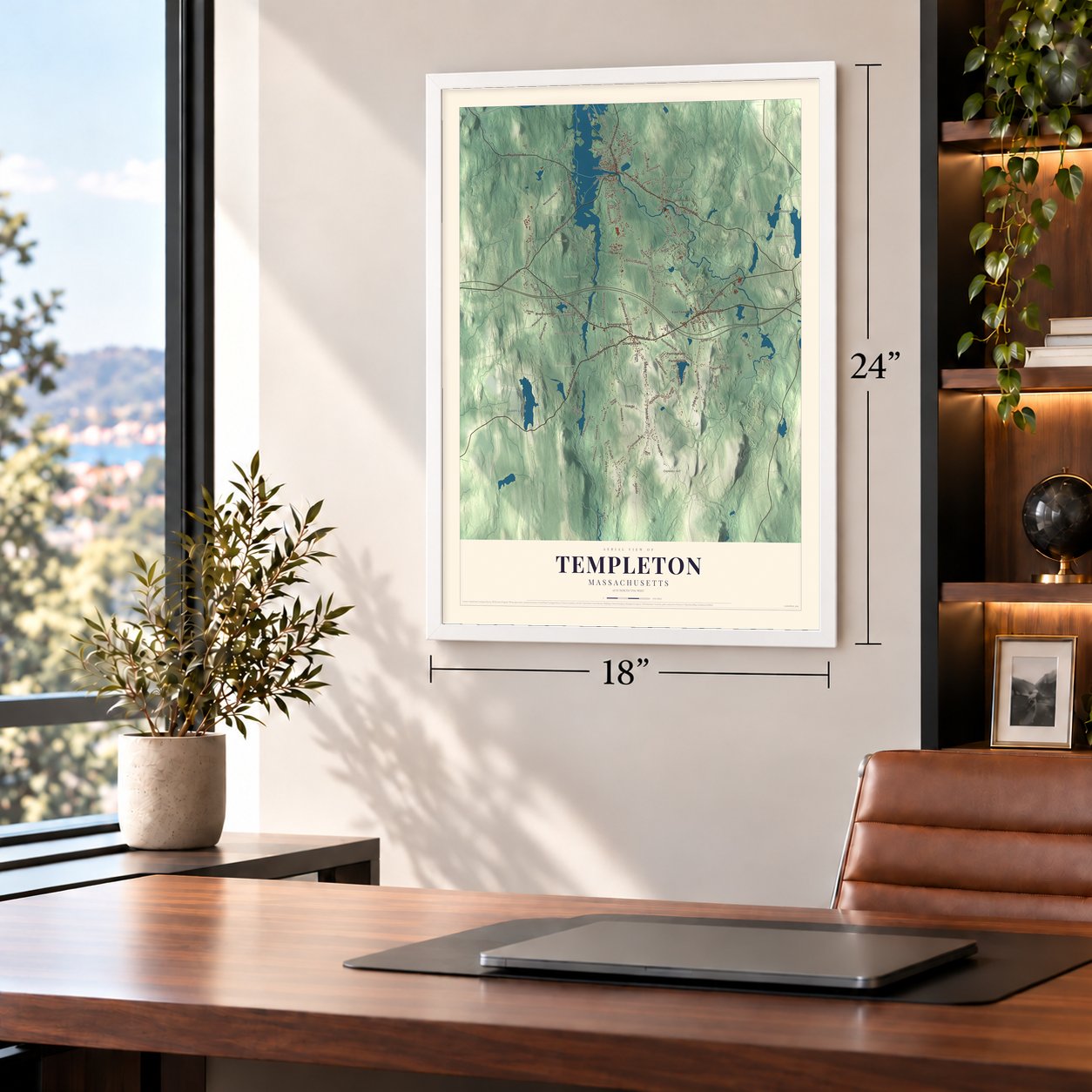 Templeton, Massachusetts map, 18 x 24 inch print in a white frame in a home office
