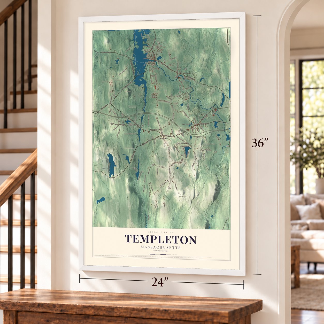 Templeton, Massachusetts map, 24 x 36 inch print in a white frame by a staircase
