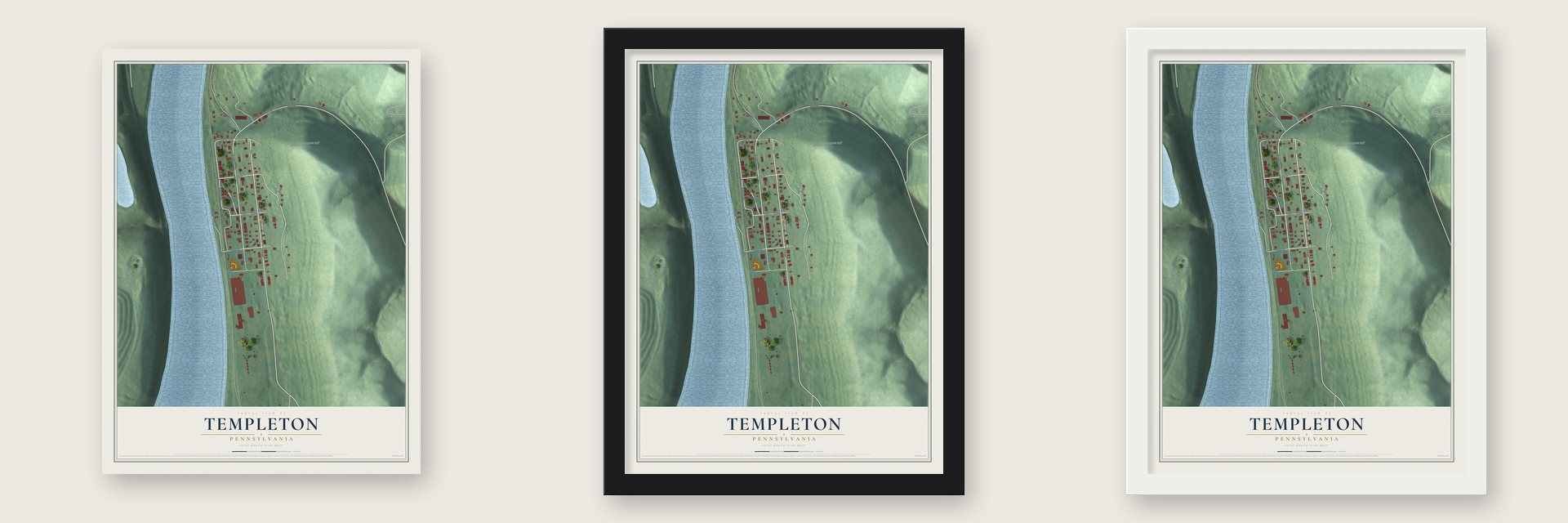 Templeton, Pennsylvania map unframed, in a black wood frame and in a white wood frame