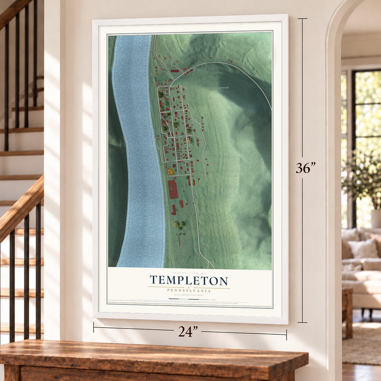 Templeton, Pennsylvania map, 24 x 36 inch print in a white frame by a staircase