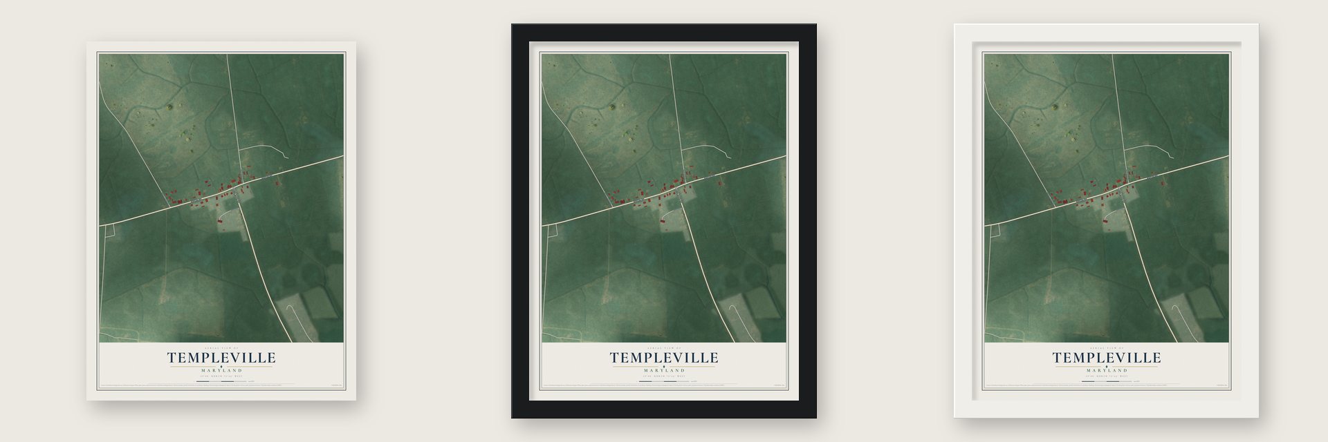 Templeville, Maryland map unframed, in a black wood frame and in a white wood frame