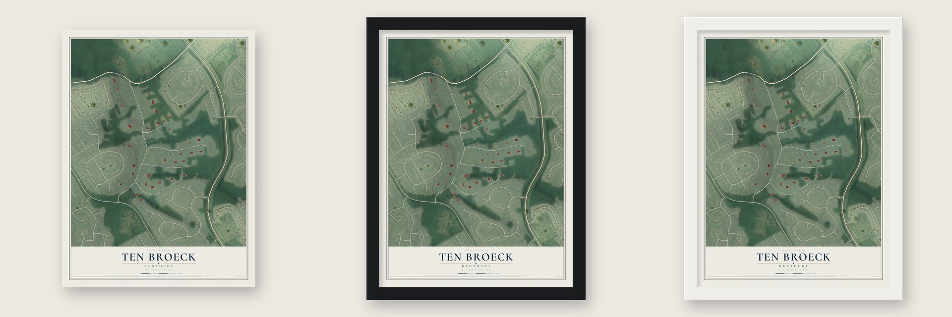 Ten Broeck, Kentucky map unframed, in a black wood frame and in a white wood frame