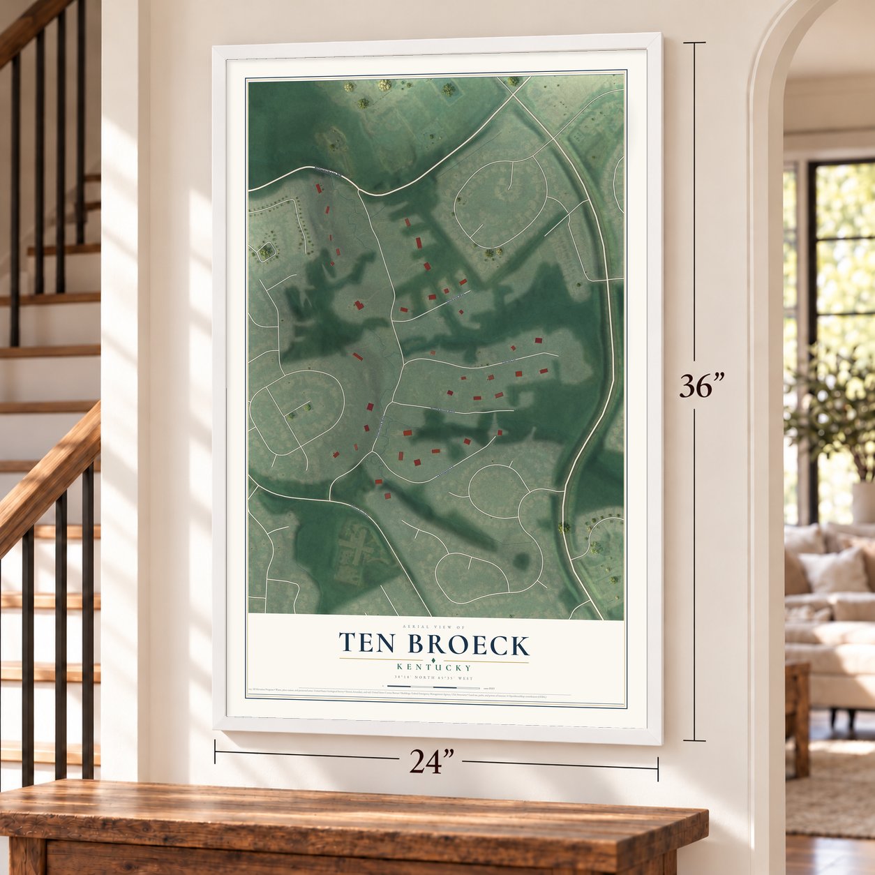 Ten Broeck, Kentucky map, 24 x 36 inch print in a white frame by a staircase
