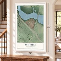 Ten Hills, Massachusetts map, 24 x 36 inch print in a white frame by a staircase