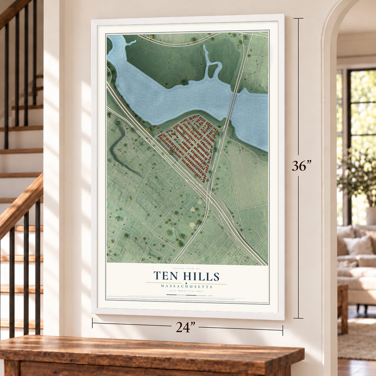 Ten Hills, Massachusetts map, 24 x 36 inch print in a white frame by a staircase