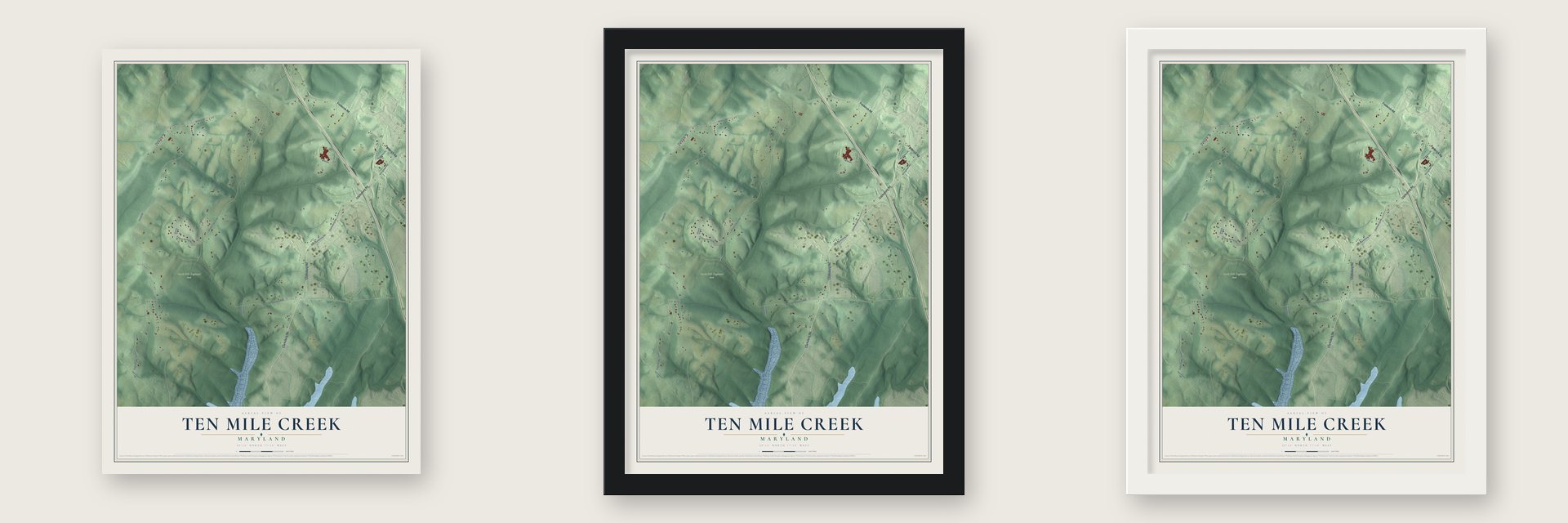 Ten Mile Creek, Maryland map unframed, in a black wood frame and in a white wood frame