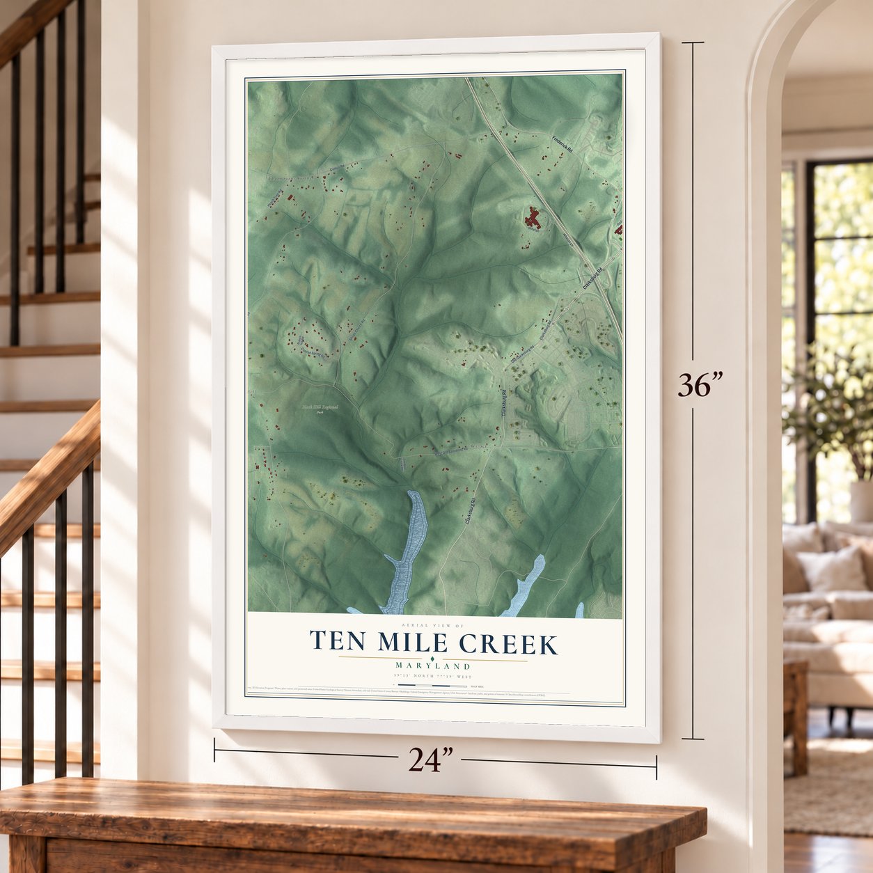 Ten Mile Creek, Maryland map, 24 x 36 inch print in a white frame by a staircase