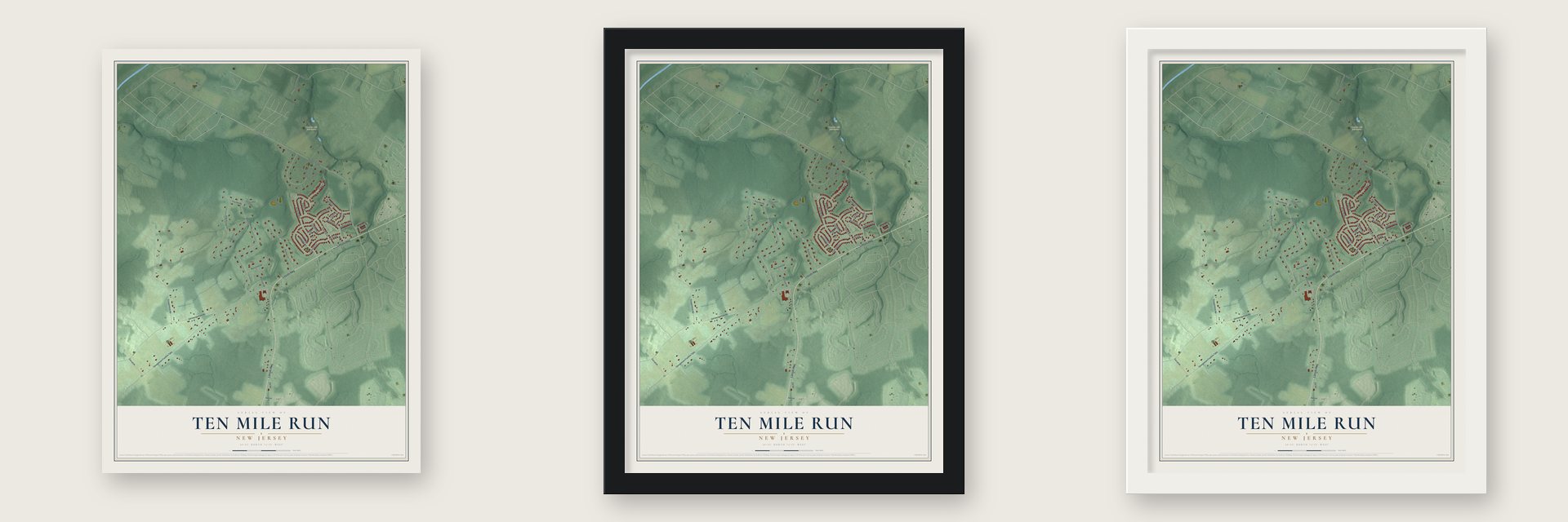 Ten Mile Run, New Jersey map unframed, in a black wood frame and in a white wood frame