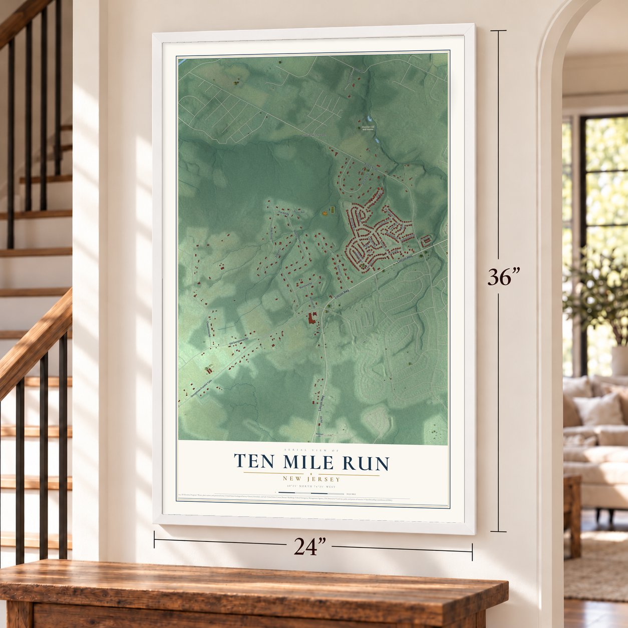 Ten Mile Run, New Jersey map, 24 x 36 inch print in a white frame by a staircase