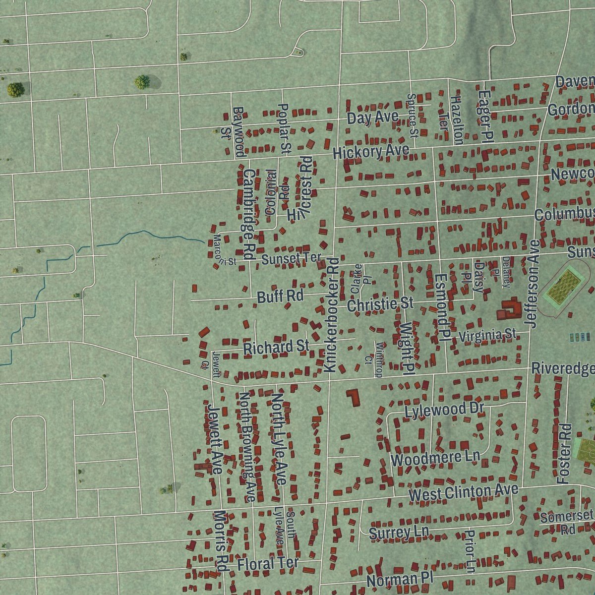 Second close-up of the map of Tenafly, New Jersey print showing more streets and buildings