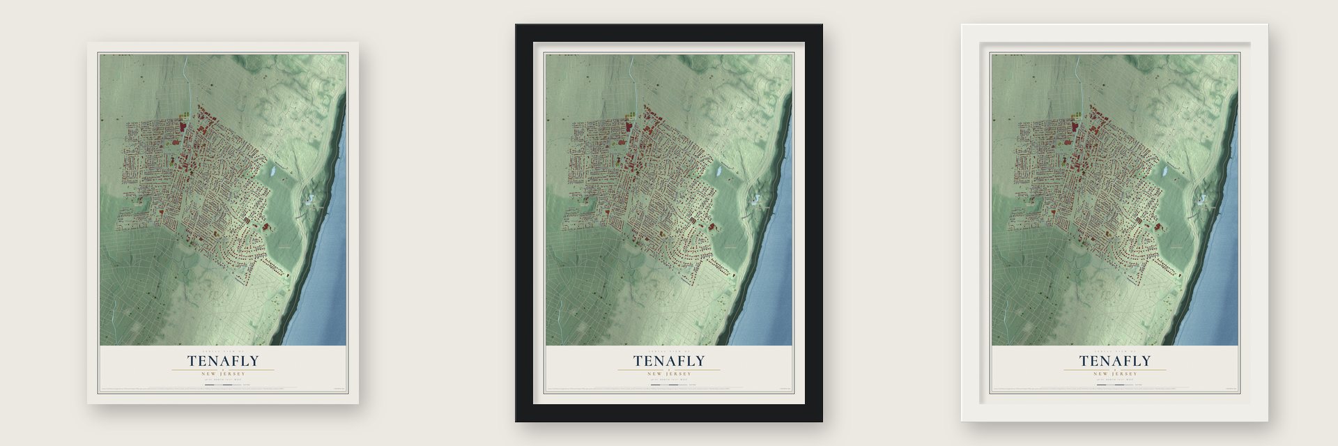 Tenafly, New Jersey map unframed, in a black wood frame and in a white wood frame