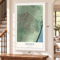 Tenafly, New Jersey map, 24 x 36 inch print in a white frame by a staircase