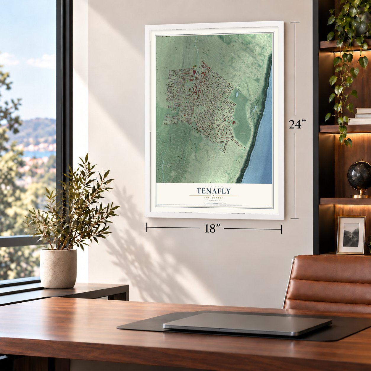 Tenafly, New Jersey map, 18 x 24 inch print in a white frame in a home office